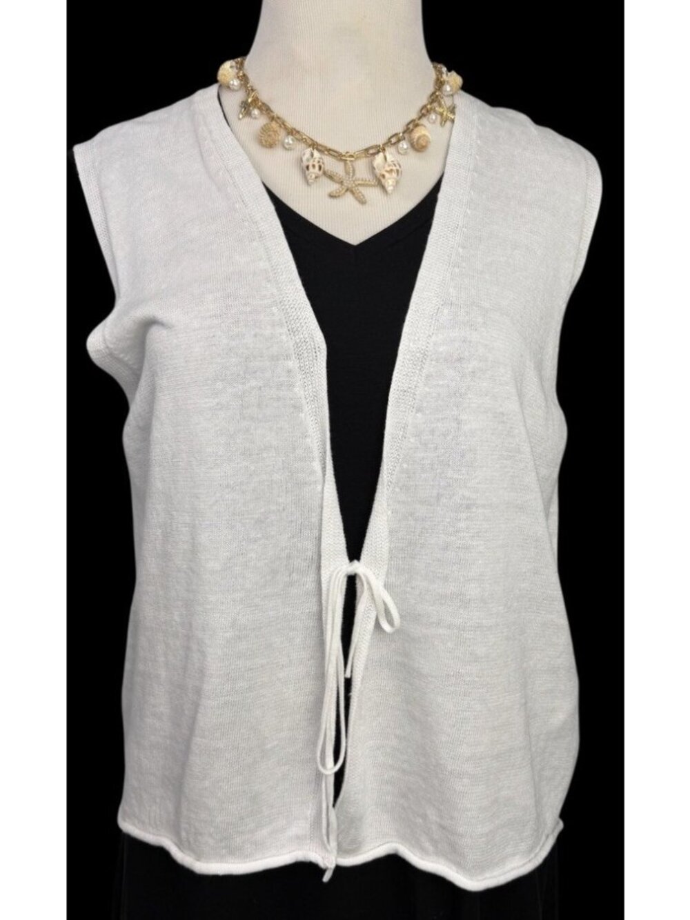 Eileen Fisher SMALL Organic Linen Cotton Tie Vest White Lightweight Knit NWT